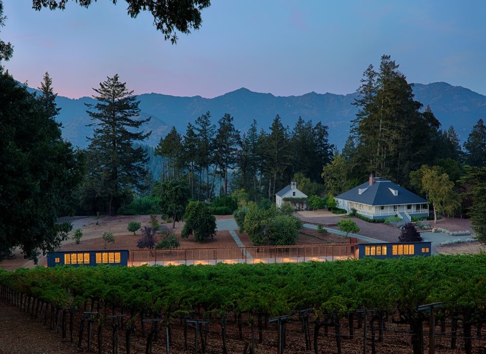 Overview Shot of Vineyard, Buildings, Mountains, and Landscape